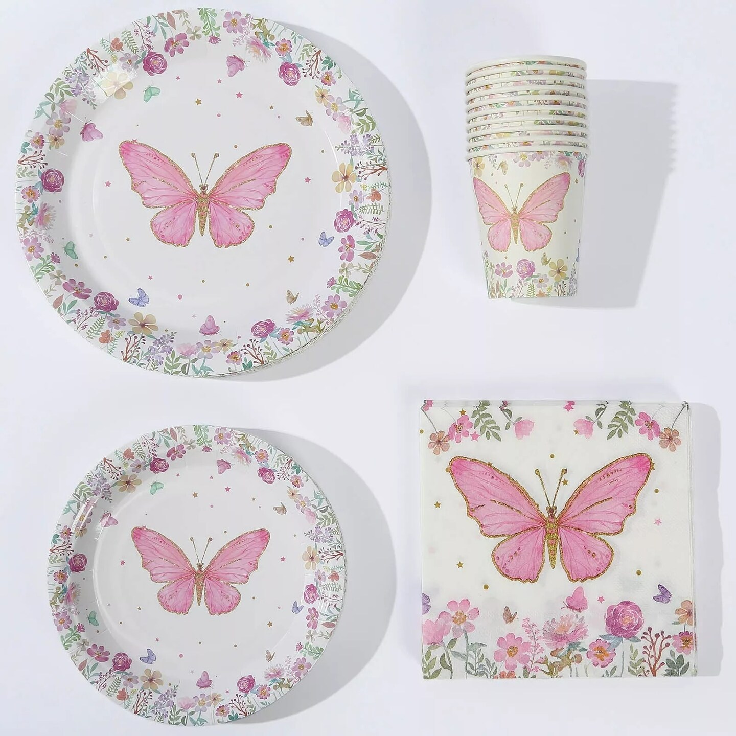 96 White Pink Butterfly Print Disposable Tableware Set Party Events Decorations