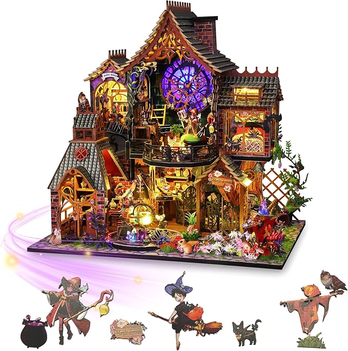 Miniature Dollhouse Kits 3D Puzzle Doll House with Furniture and LED Bookshelf Decor Creative Room DIY Handmade Crafts for Adults Teen (Magic Spirit)