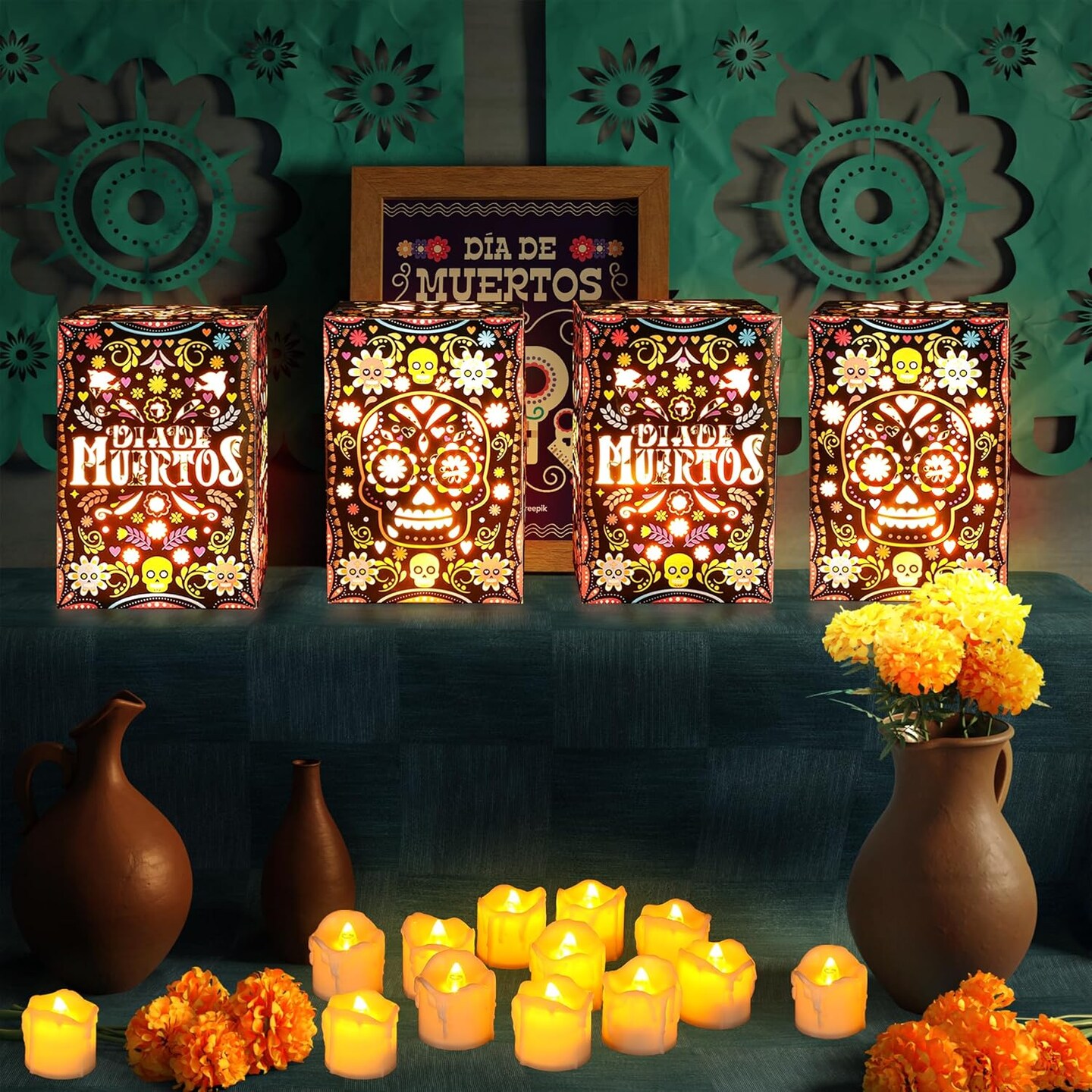 Day of The Dead Decorations 24pcs Sugar Skull Paper Candles Holders Boxes with 24 Flameless LED Tea Lights Candles Dia De Muertos Decorations Supplies