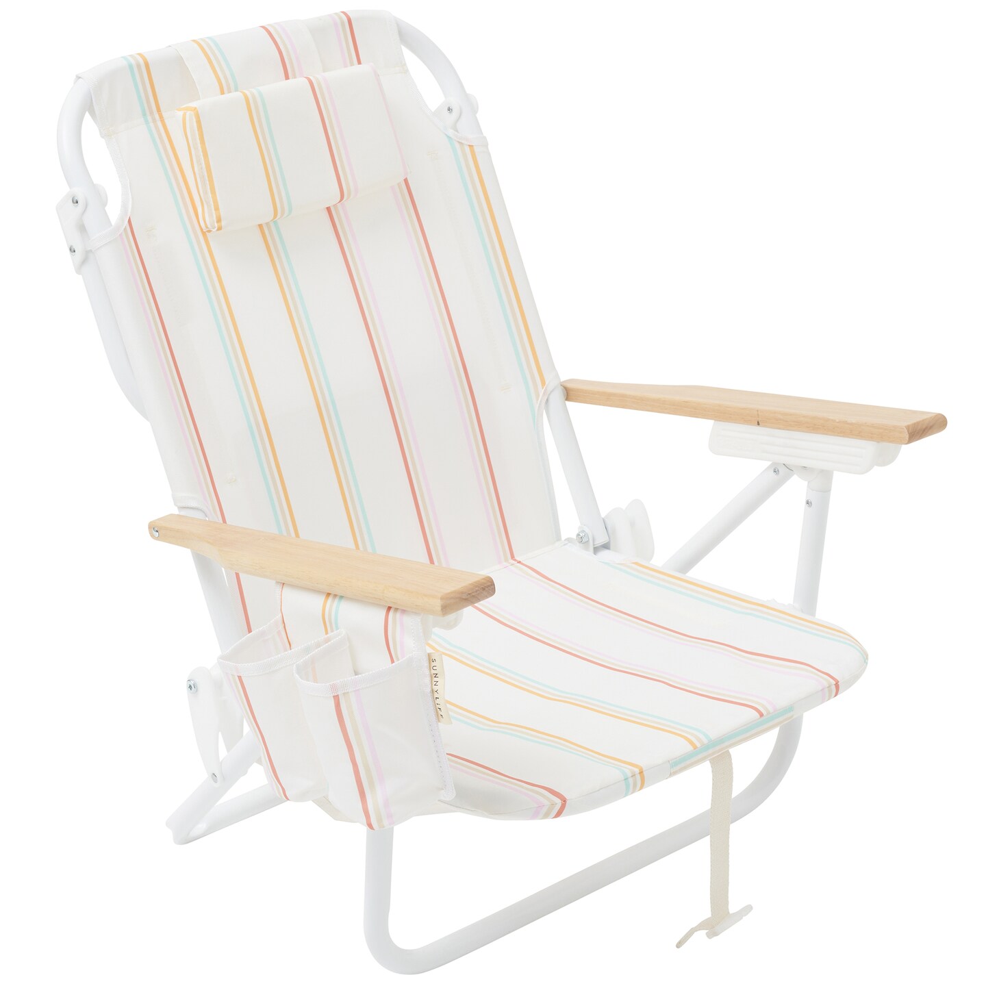 Sunnylife: Luxe Beach Chair - Rio Sun Multi Stripe - Cream Folding Outdoor Lounge Seating, Reclining, Wood Arm Rests, Drink Holders, Back Carry Straps