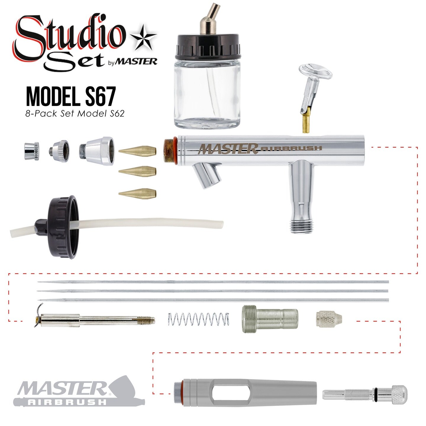 8 Master Hi-Flow S62 Dual-Action Siphon Feed Airbrushes with 0.5 mm Tips, 3/4 oz. Bottles, Cutaway Handles &#x26; Storage Case