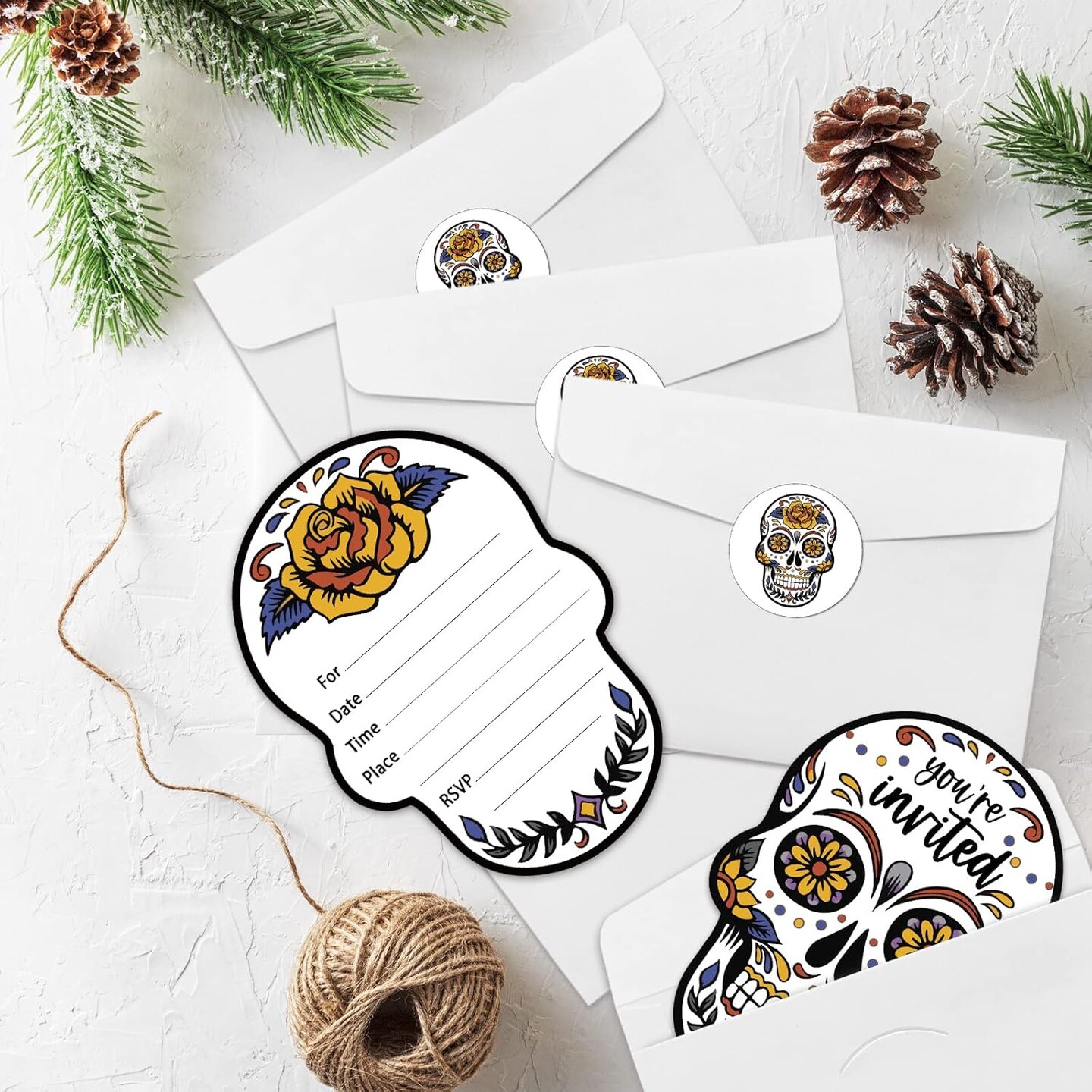 Halloween Sugar Skull Party Invitations with Envelopes &#x26; Stickers