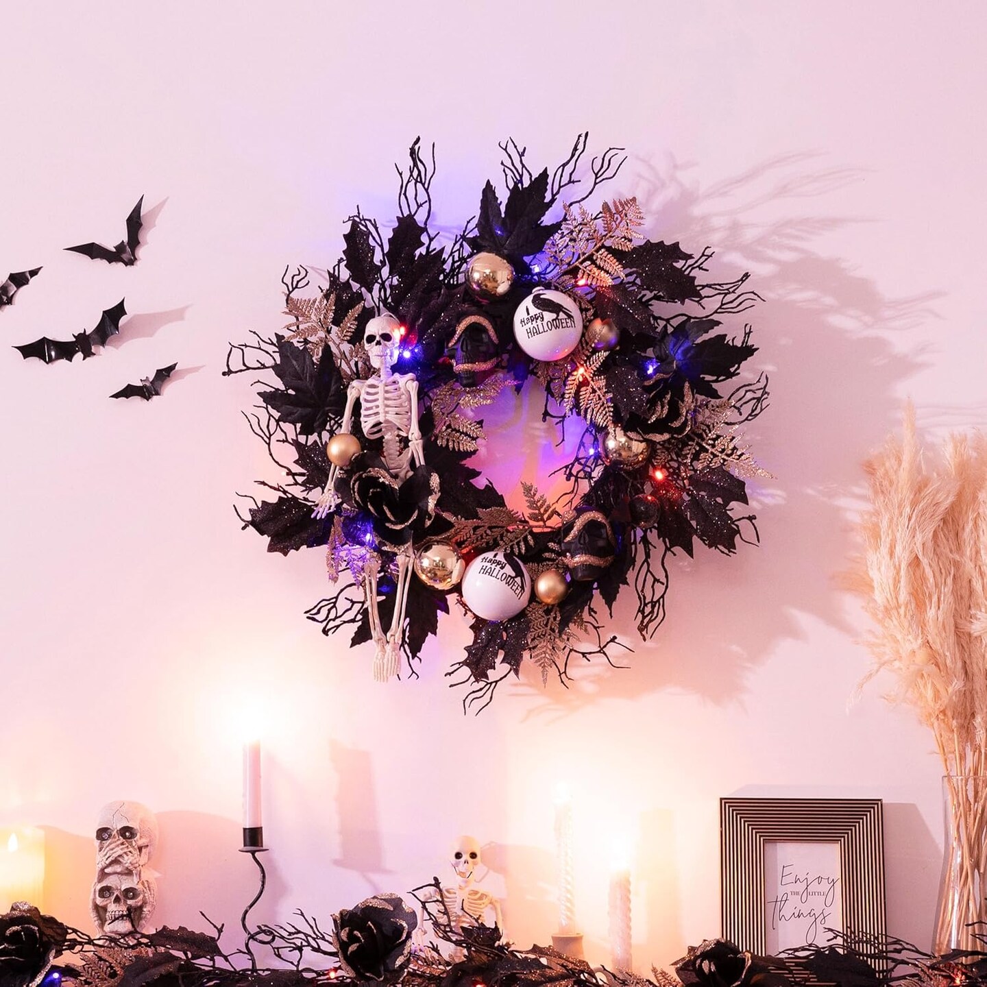 Halloween Wreath, 24 Inch Halloween Door Wreath with Lights, Black Gold Halloween Decorations with Scary Skull Skeleton Ornaments for Porch Window Outdoor Indoor Home Party Decor