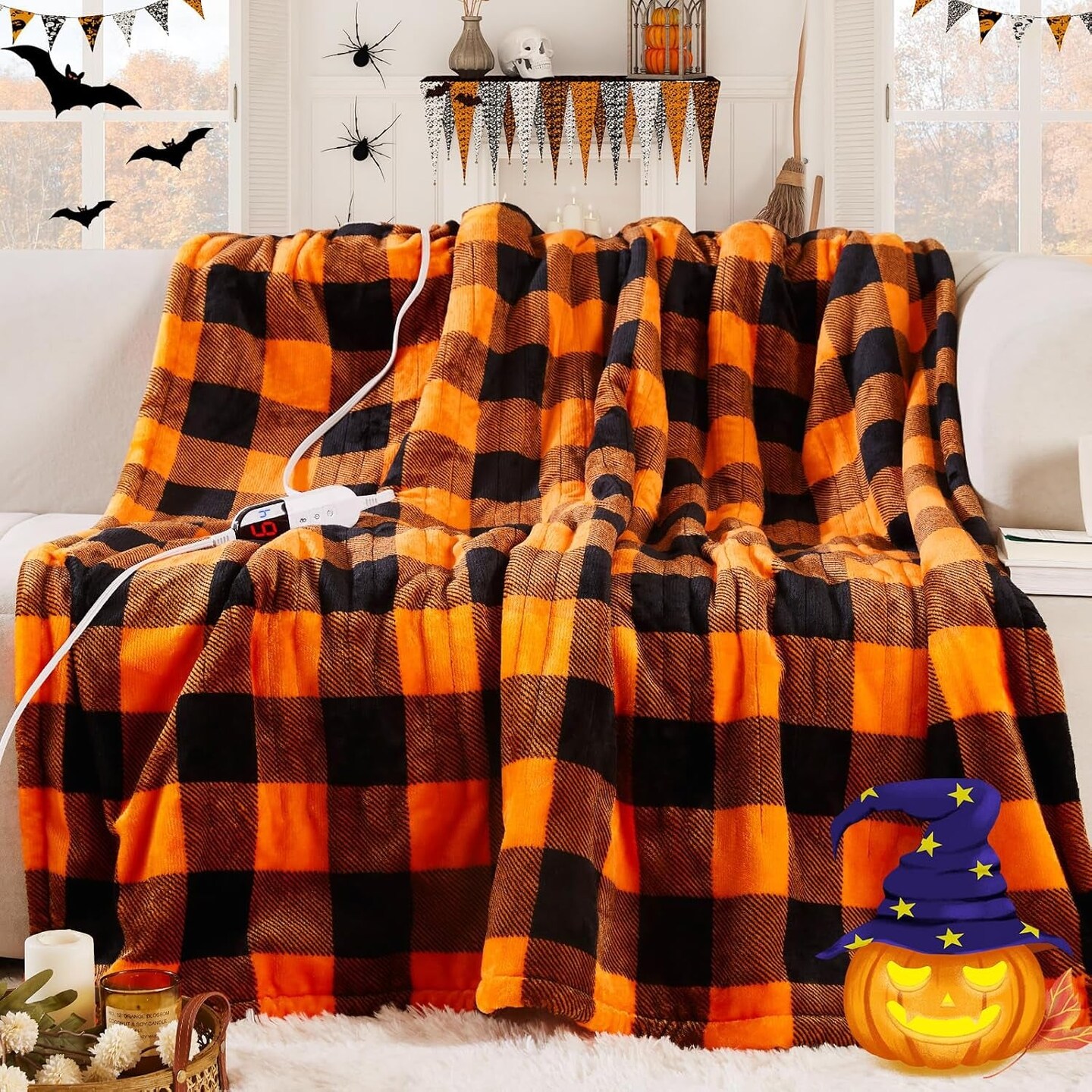 Electric Heated Sherpa Buffalo Plaid Halloween Throw Blanket with 6 Heating Levels &#x26; 4 Hours Auto Off, Fast Heating Warm Plush Washable Blanket with Over-Heat Protection, ETL Certification, Orange
