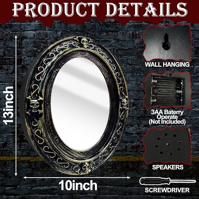 Halloween Animatronic Talking Haunted Mirror with Creepy Sound and Light, Scary Halloween Decorations Indoor Wall Mounted Magic Mirror Horror Prop Decor