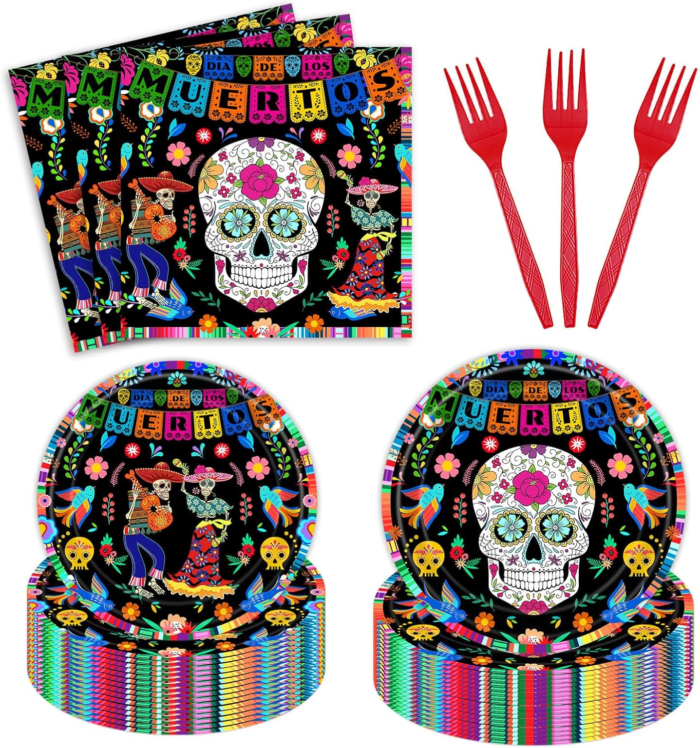 96Pcs Day of The Dead Plates Napkins Mexican Dia DE Los Muertos Party Supplies Tableware Fiesta Sugar Skull Dinnerware for Halloween Party Serve 24 Guests