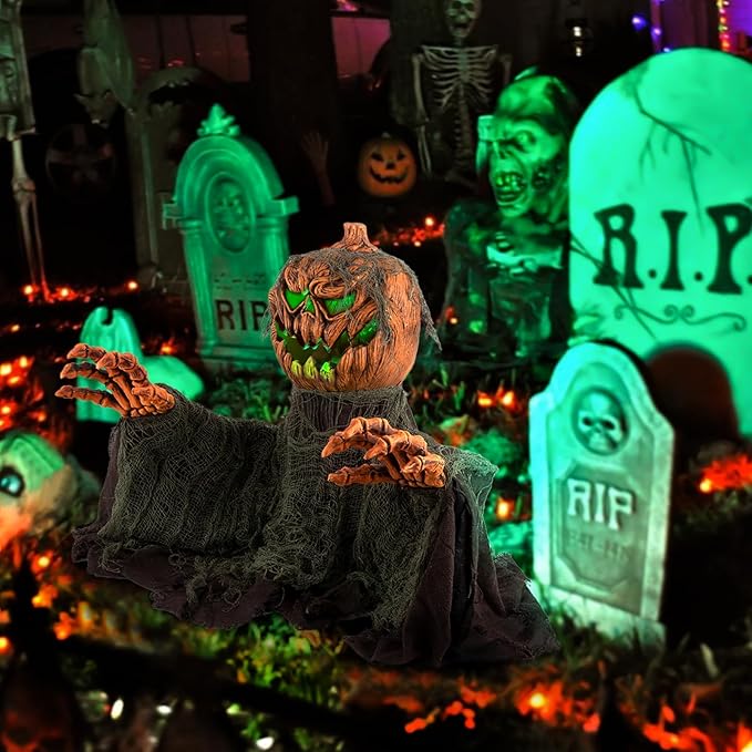 Animated Pumpkin with Sound Activated, Creepy Sound, Light Up Eyes, Scary Motion for Halloween Indoor/Outdoor Yard Lawn Decoration, Haunted House Props