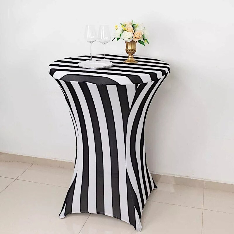 32&#x22; Black White Cocktail Table Cover Striped Fitted Spandex Tablecloth Party