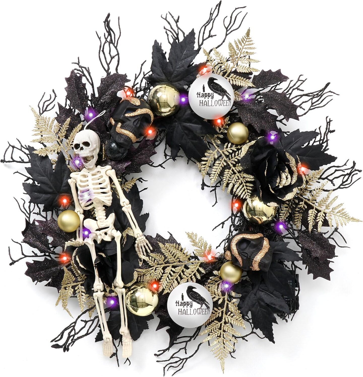 Halloween Wreath, 24 Inch Halloween Door Wreath with Lights, Black Gold Halloween Decorations with Scary Skull Skeleton Ornaments for Porch Window Outdoor Indoor Home Party Decor