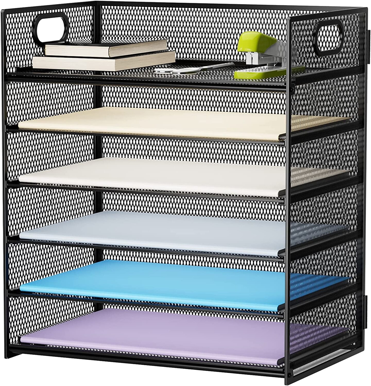 6 Tier Paper Organizer Letter Tray - Mesh Desk File Organizer with Handle, Paper Sorter Organizer for Letter/A4 Office File Folder Holder - Black