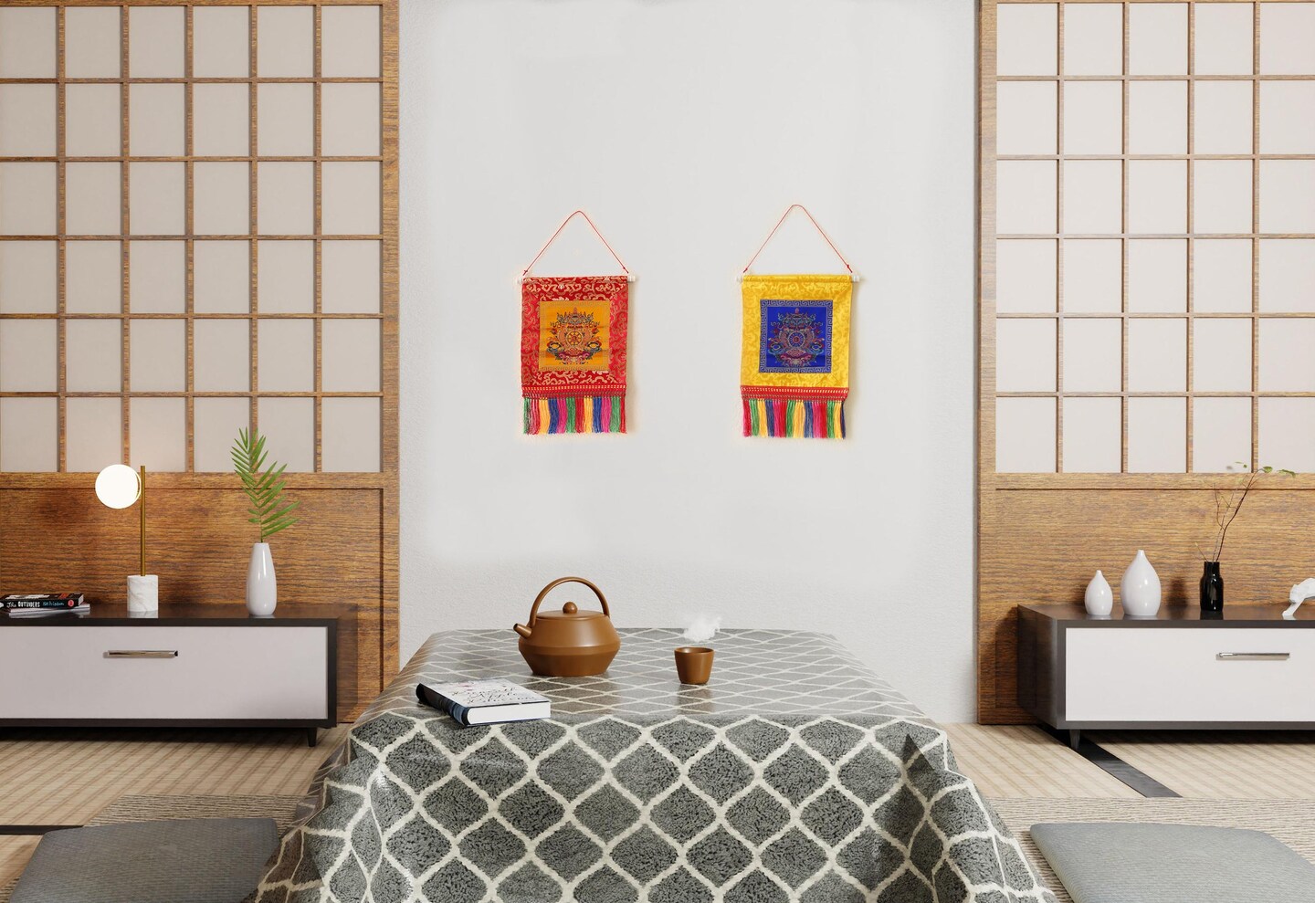 Tibetan Buddhist Ashtamangala Wall Hanging Tassels Tapestry, 18"X12", Asian Chinese Indian Wall Art Home Décor product 7