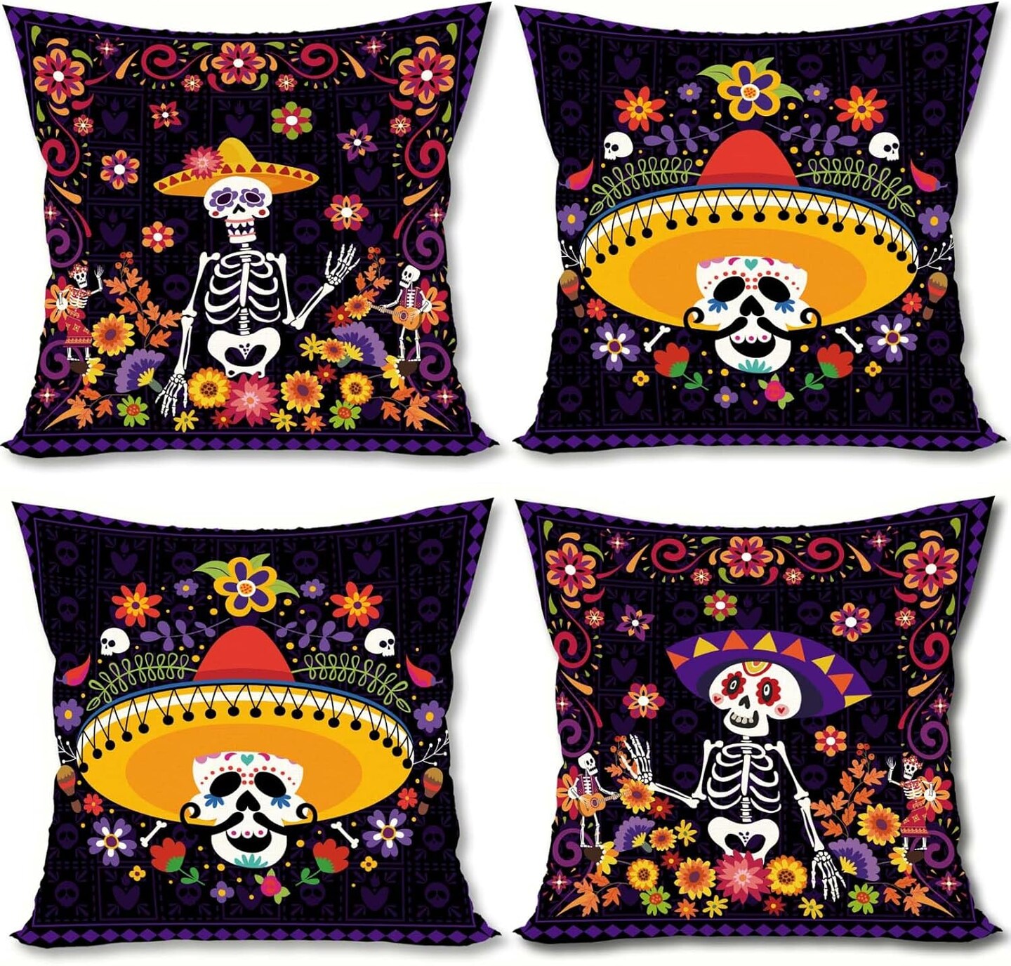Day of The Dead Pillow Covers Dia De Los Muertos Sugar Skull Flower Throw Pillow Covers 18x18 Set of 4 Day of The Dead Deocr Pillow Case