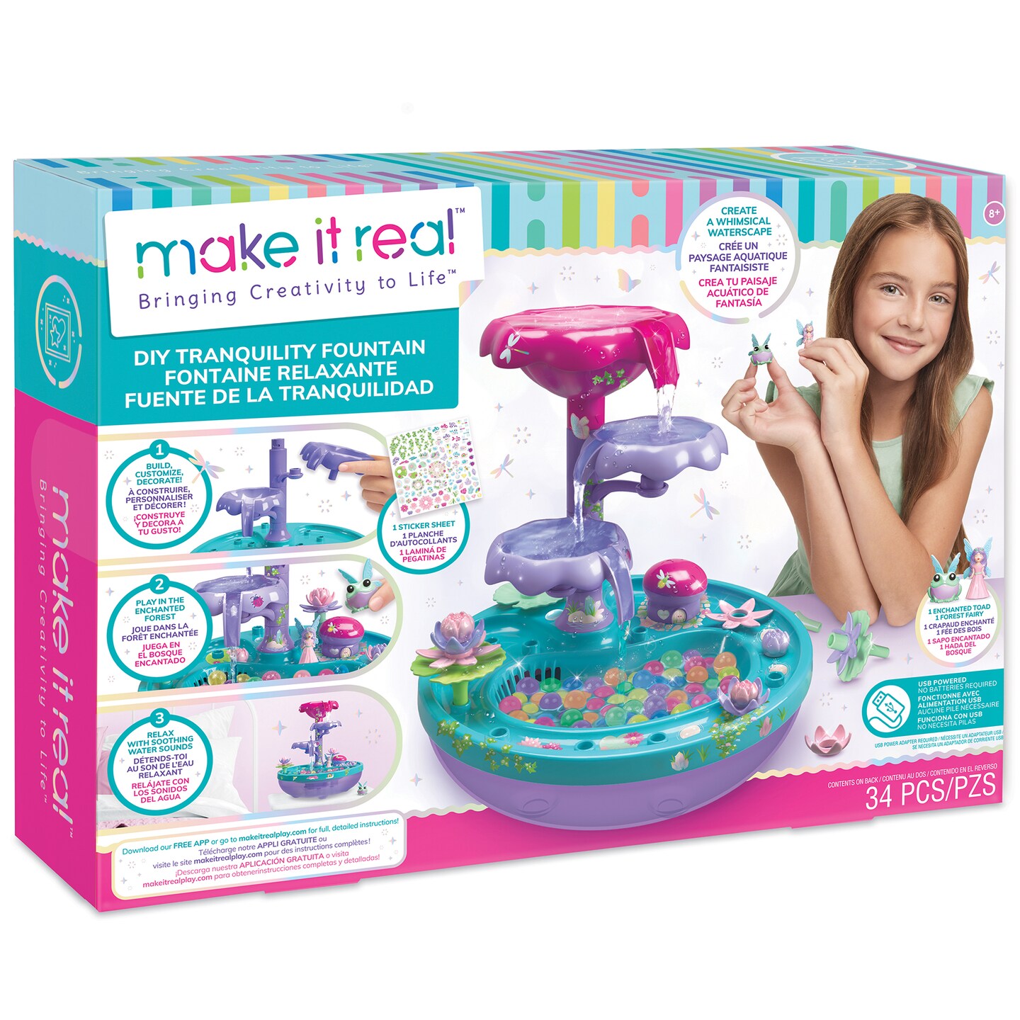 Make It Real: DIY Tranquility Fountain - Build a Whimsical Water Space, Water Falling &#x26; Sensory Experience, 30+ Pieces, Build-Play-Relax, USB Powered Water Feature, Tweens &#x26; Girls, Kids Ages 8+