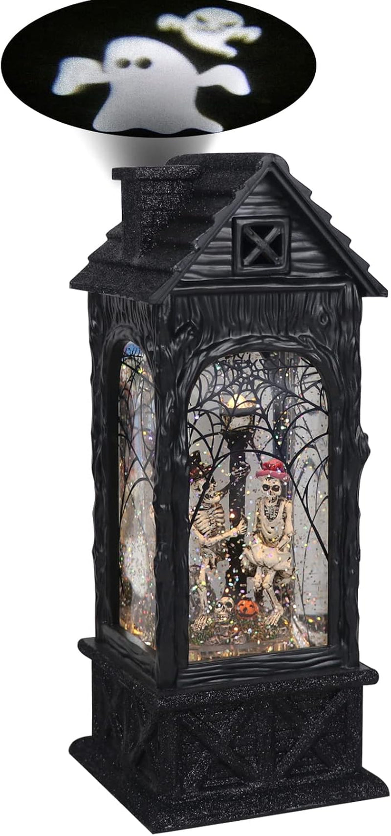 Halloween Skeleton Snow Globe Lantern Ghost Projection Lamp with 6 Hour Timer, Battery Operated &#x26; USB Powered LED Spinning Water Glittering Globe Halloween Decoration Parties(11&#x201D;, 3AA)