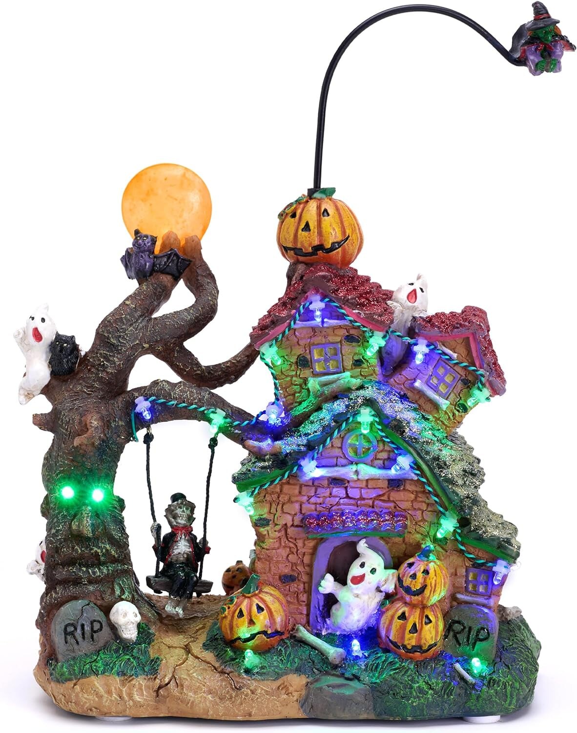 Vintage Halloween Village Decoration for Home, 12Inch Lighted Halloween House Resin Statue with Music and Light, for Table Outdoor Indoor Home Halloween Party Decor