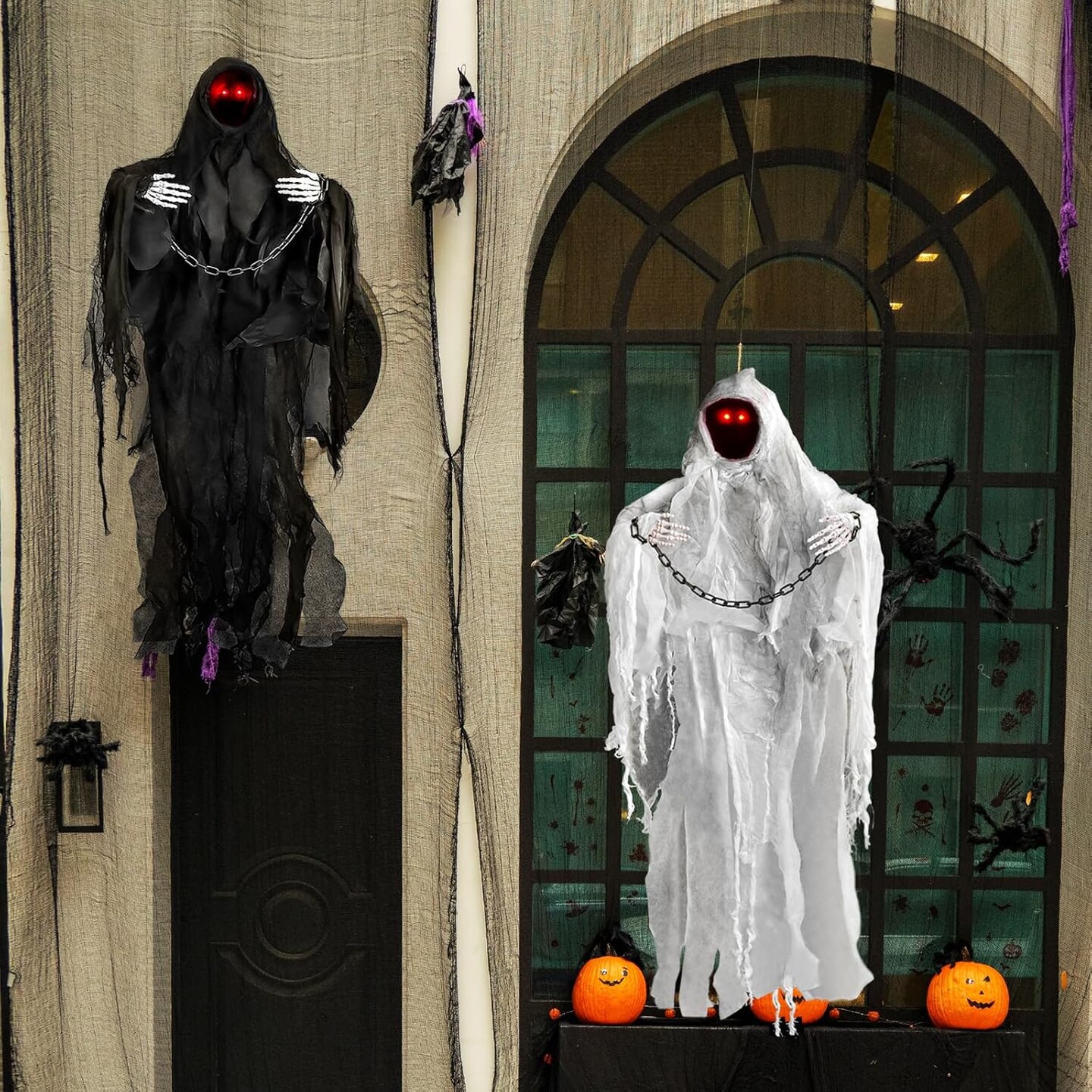 47" Halloween Animated Hanging Ghost Scary,2024 Hanging Faceless Grim Reaper Swing Black Robe with Creepy Sound and Light for Indoor Outdoor Horror Decor Prop