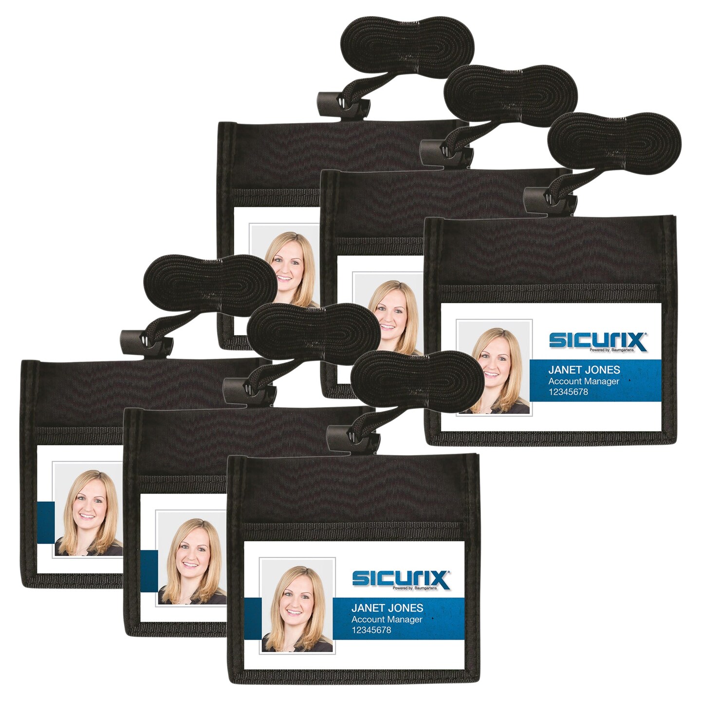 ID Neck Pouch Badge Holder, Horizontal, Adjustable Cord, 4&#x22; x 2-1/4&#x22; Insert, Black, Pack of 6