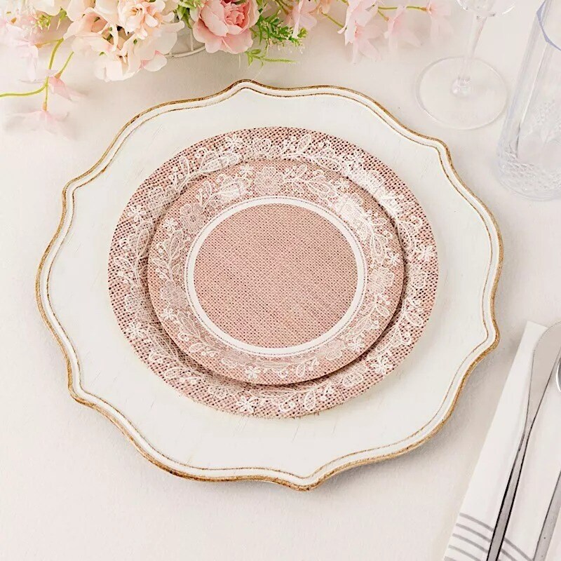25 Natural 7" Burlap Print Floral Lace Paper Salad Plates Party Events Supplies