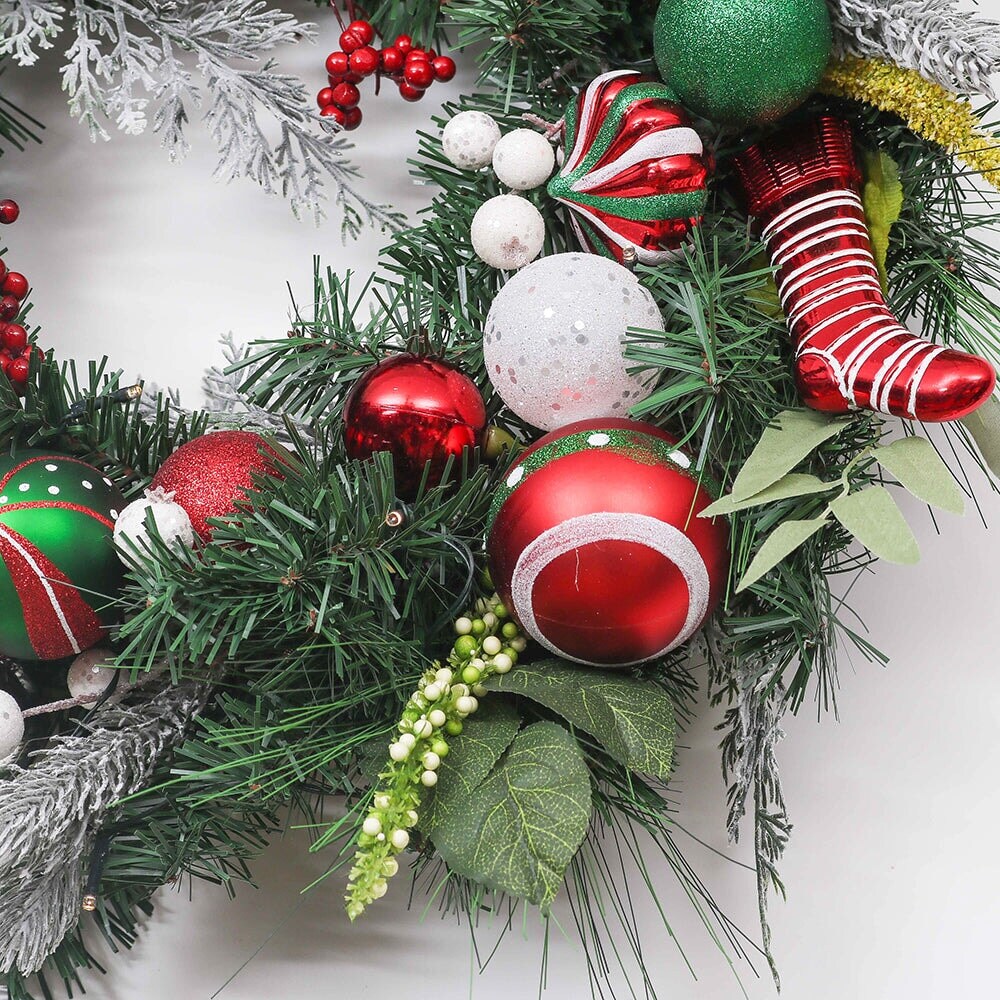 Merry and Bright Bold Christmas Sparkling Wreath, Red and Green Onrament Baubles and Stocking Decor , Holiday Door
