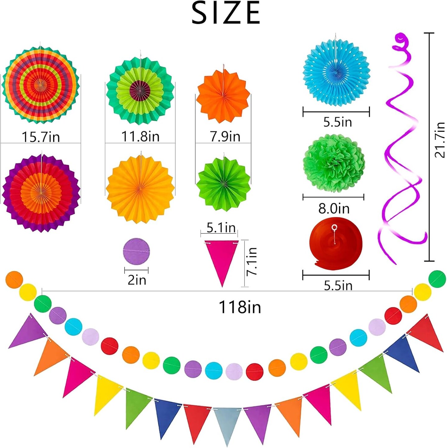 Cinco De Mayo Party Decorations Fiesta Decorations Multi-Color Paper Fans Garlands Pennant Pom Poms Hanging Swirls For Birthday Wedding Rainbow Mexican Party