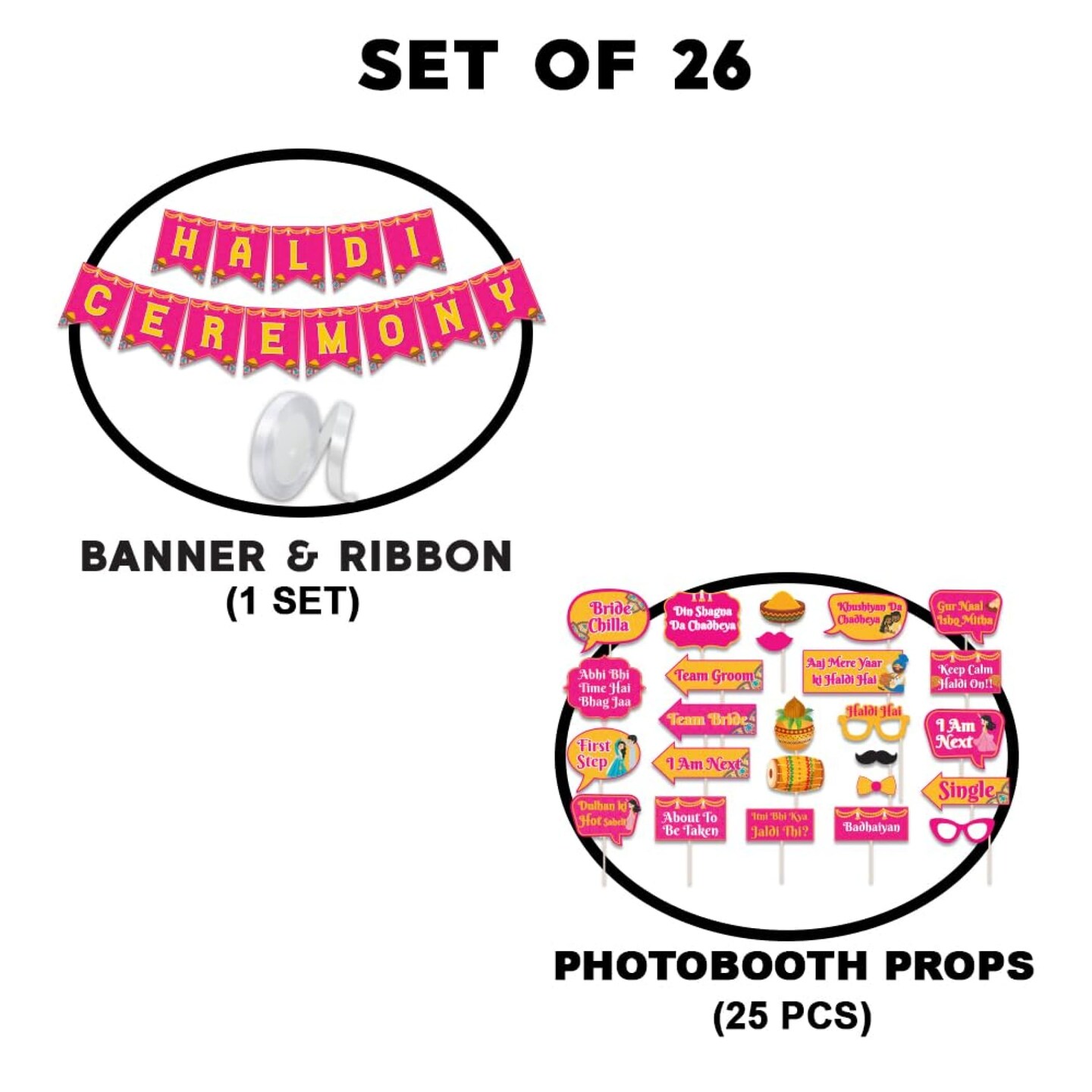 25 Pcs Haldi Photo Booth Party Props &#x26; 1 Pcs Haldi Ceremony Banner Wedding Photoshoot Haldi Decoration Marriage Props for Bride and Family