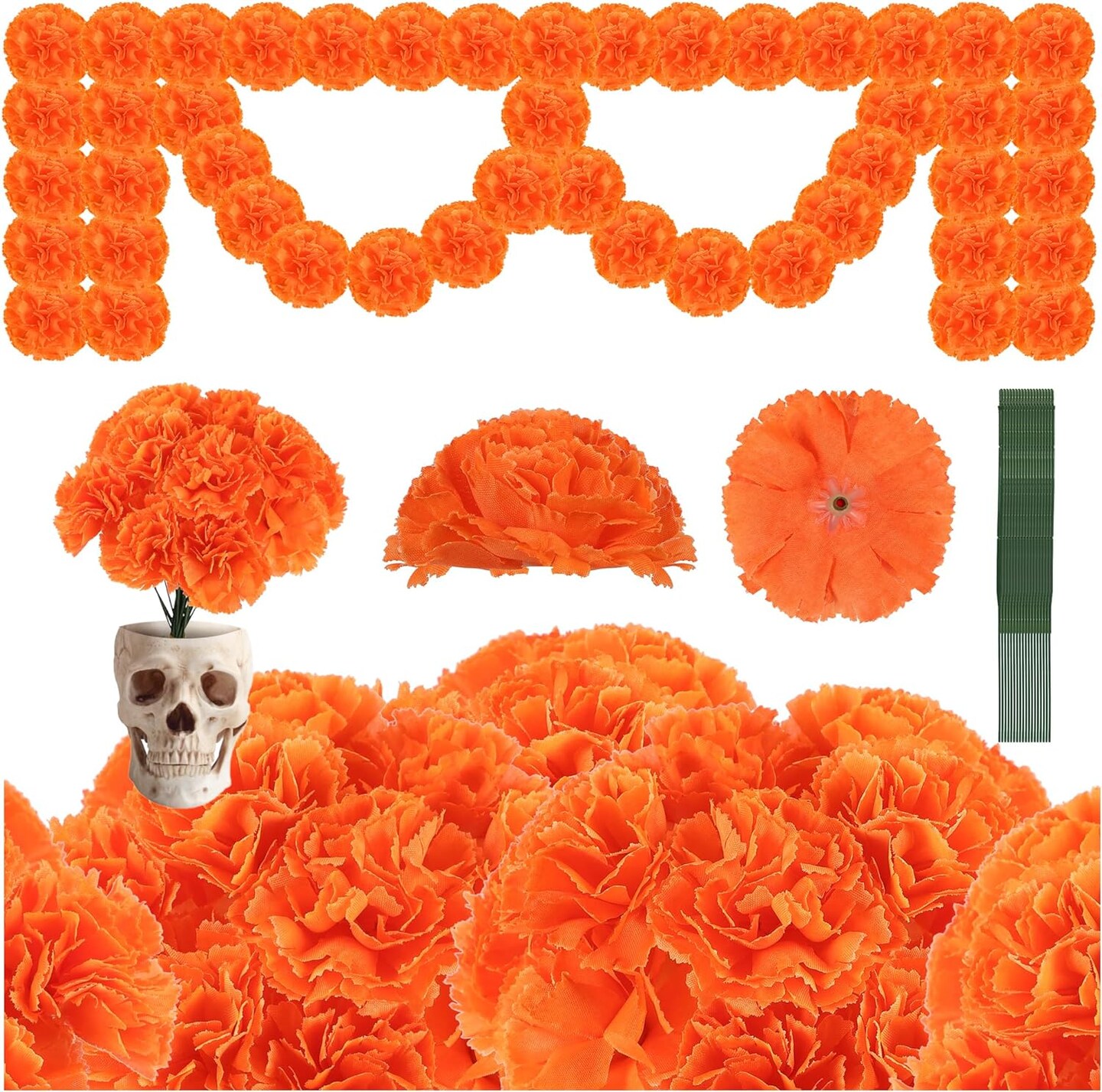 100PCS Artificial Marigold Flowers Heads Silk Orange Flower for Dia De Los Muertos Day of The Dead Diwali Home Decor Indian Theme Weddings DIY Wreath Garland Decoration