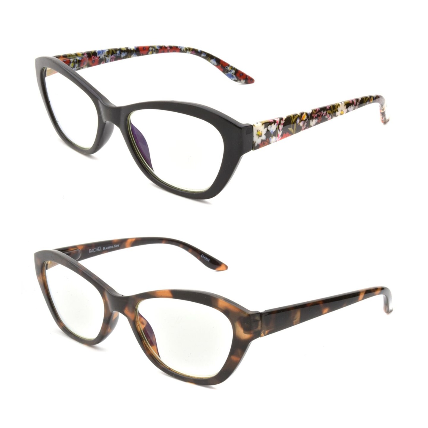 RACHEL Rachel Roy 2pk Blue Light Reading Glasses, Toirtoiseshell or Black Frames with Floral Patterned Temples, 2.00 Diopter