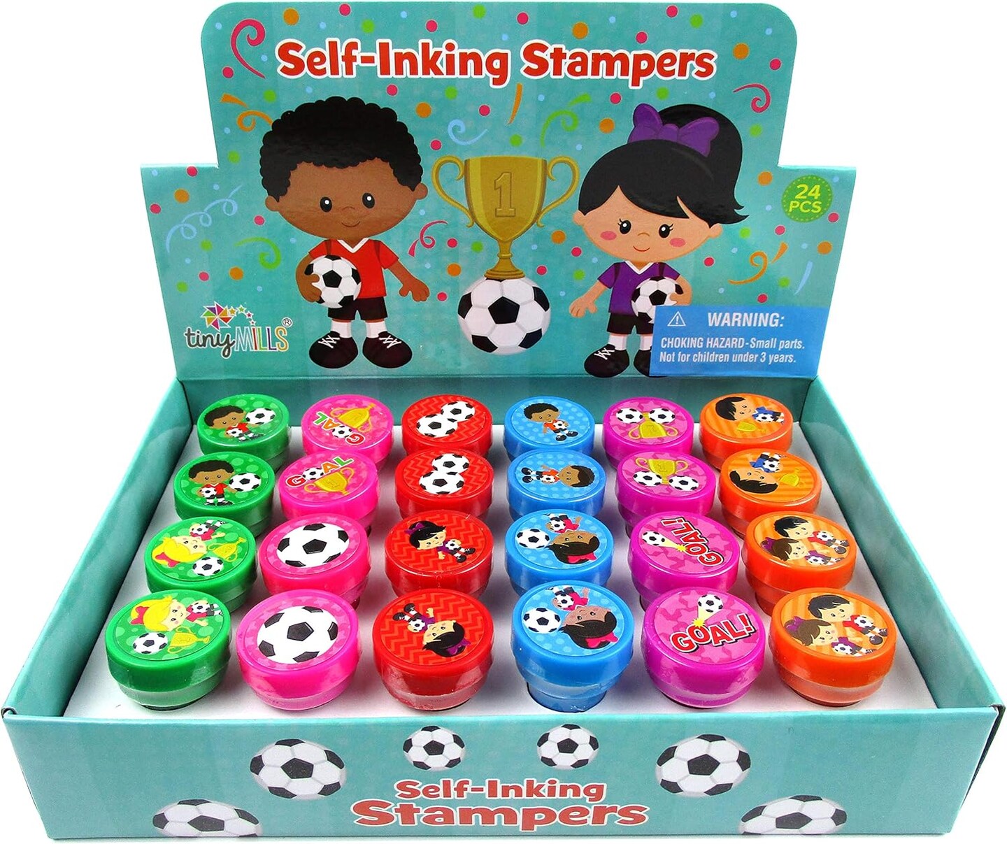 TINYMILLS 24 Pcs Soccer Stampers for Kids Party Favor Goodie Bag Stuffers Pinata Fillers Soccer Futbol Gifts Carnival Prizes Team Party Favor Rewards