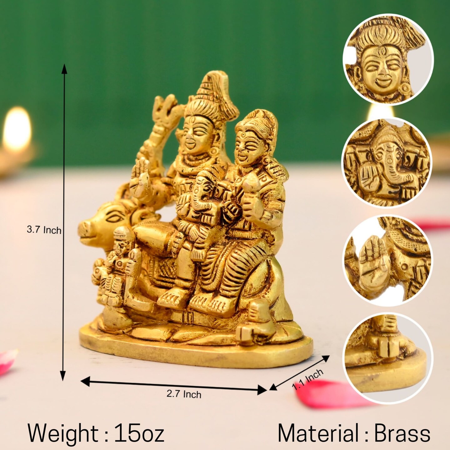 Brass Shiv Parivar Idol Statue Hindu God Shiva Parvati Ganesha Kartikeya Nandi Family Murti Sculpture - Pooja Home Temple Mandir Decor - Decorative Showpiece Housewarming Gift (3.7 Inches)