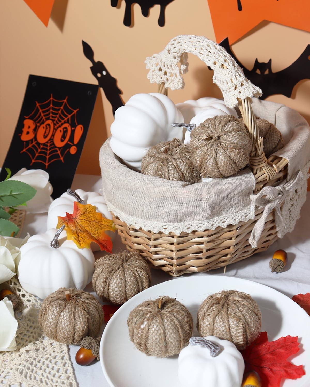 Size - 16PCS White Pumpkins and Burlap Pumpkins for Rustic Fall Decor, Fabric Pumpkins Perfect for Halloween Thanksgiving Decoration Fall Wedding