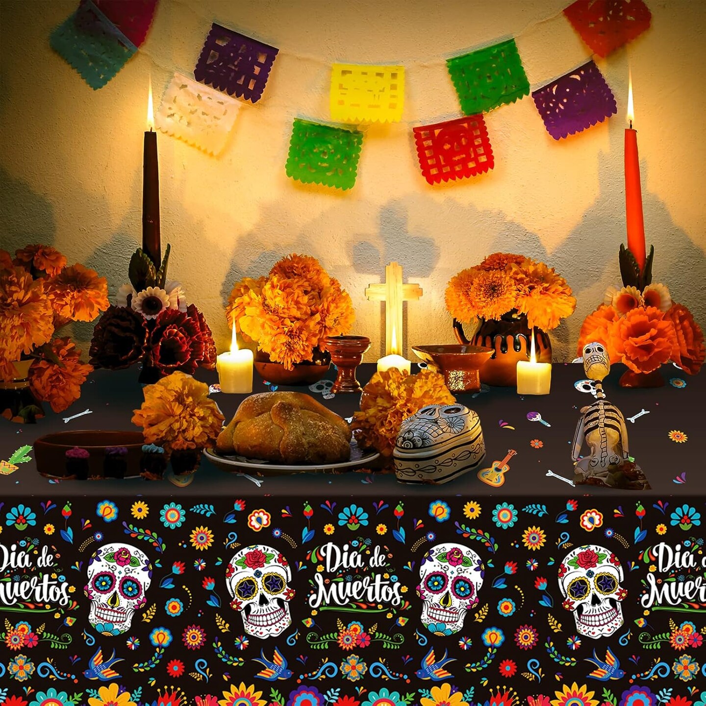 Decorations, Dia De Los Muertos Decor, Plastic Mexican Sugar Skull Floral Table Cover Backdrop for Halloween Mexican Fiesta Birthday Party Supplies, 54x108 Inch