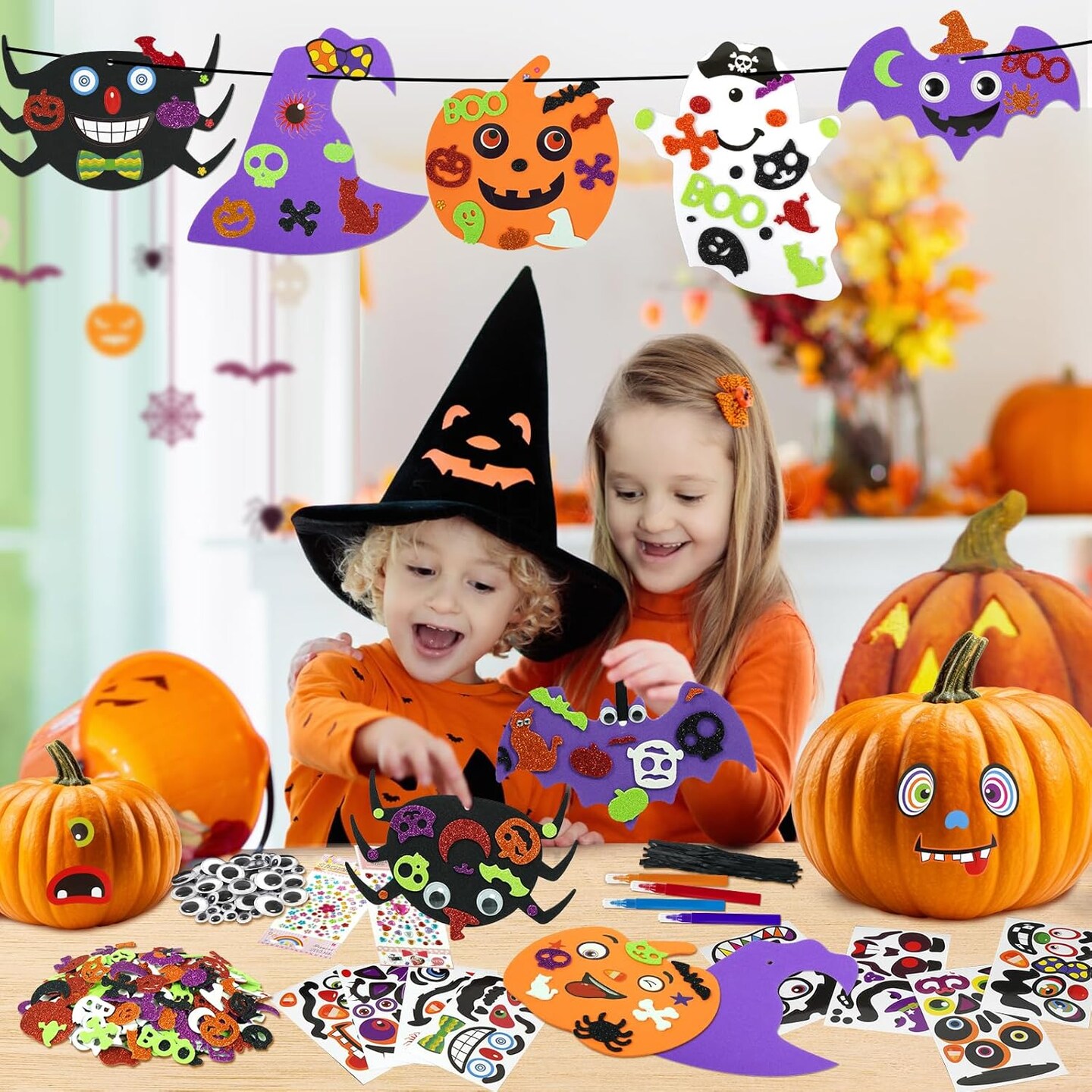 DIY Halloween Crafts Pumpkin Ghost Spider Bat Witch Hat Halloween Decorations, Foam Halloween Ornaments Kit for Party Favors Supplies