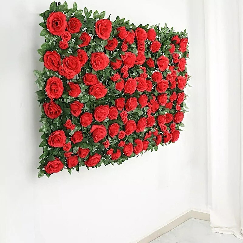 24&#x22; x 18&#x22; Green Red Rose Silk Flowers Wall Backdrop Panel Wedding Decorations