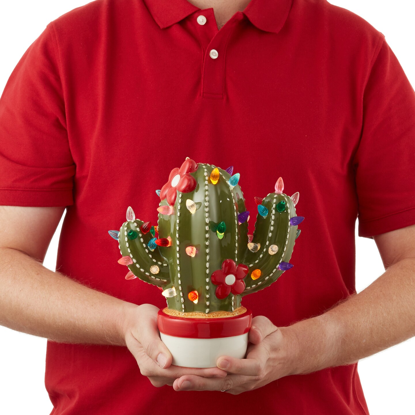 Casafield Ceramic Christmas Cactus, Hand Painted Green Pre-Lit Cactus with 92 Multi Color Lights