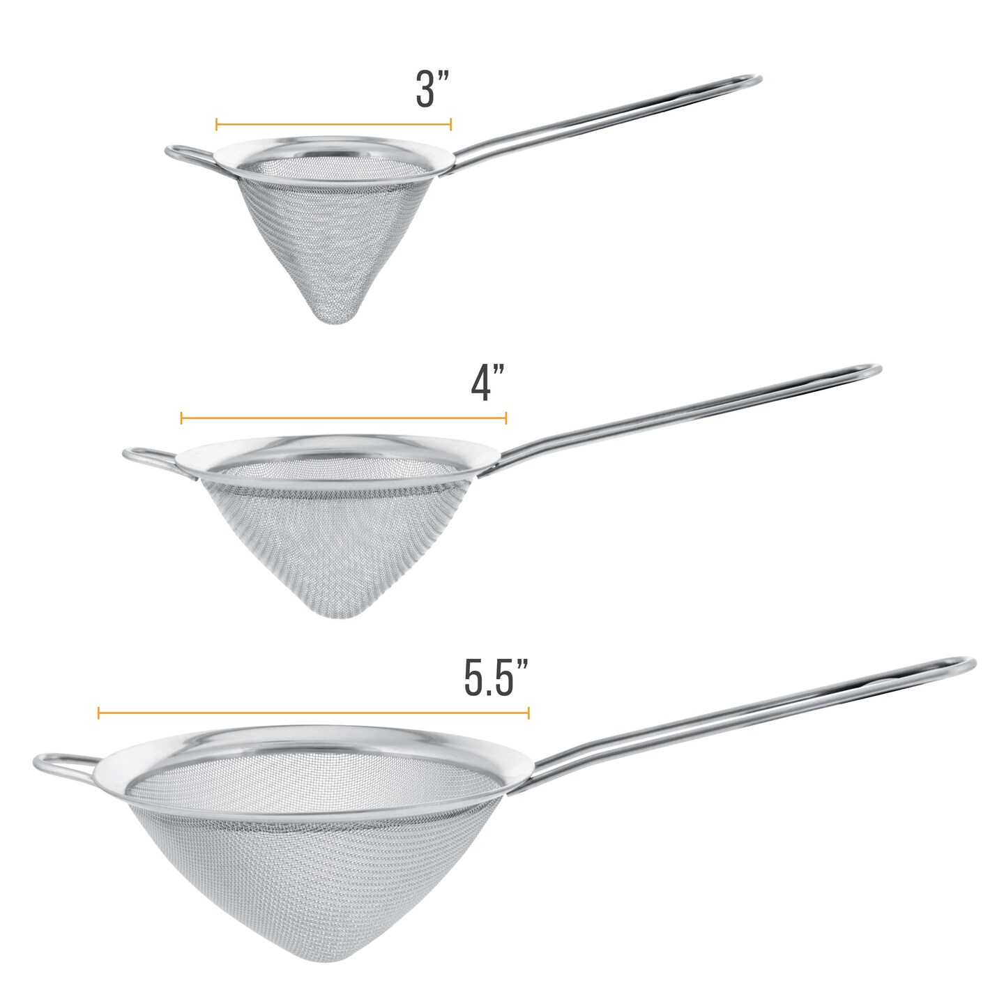 U.S. Kitchen Supply&#xAE; - Set of 3 Premium Quality Extra Fine Twill Mesh Stainless Steel Conical Strainers - 3&#x22;, 4&#x22; and 5.5&#x22; Sizes