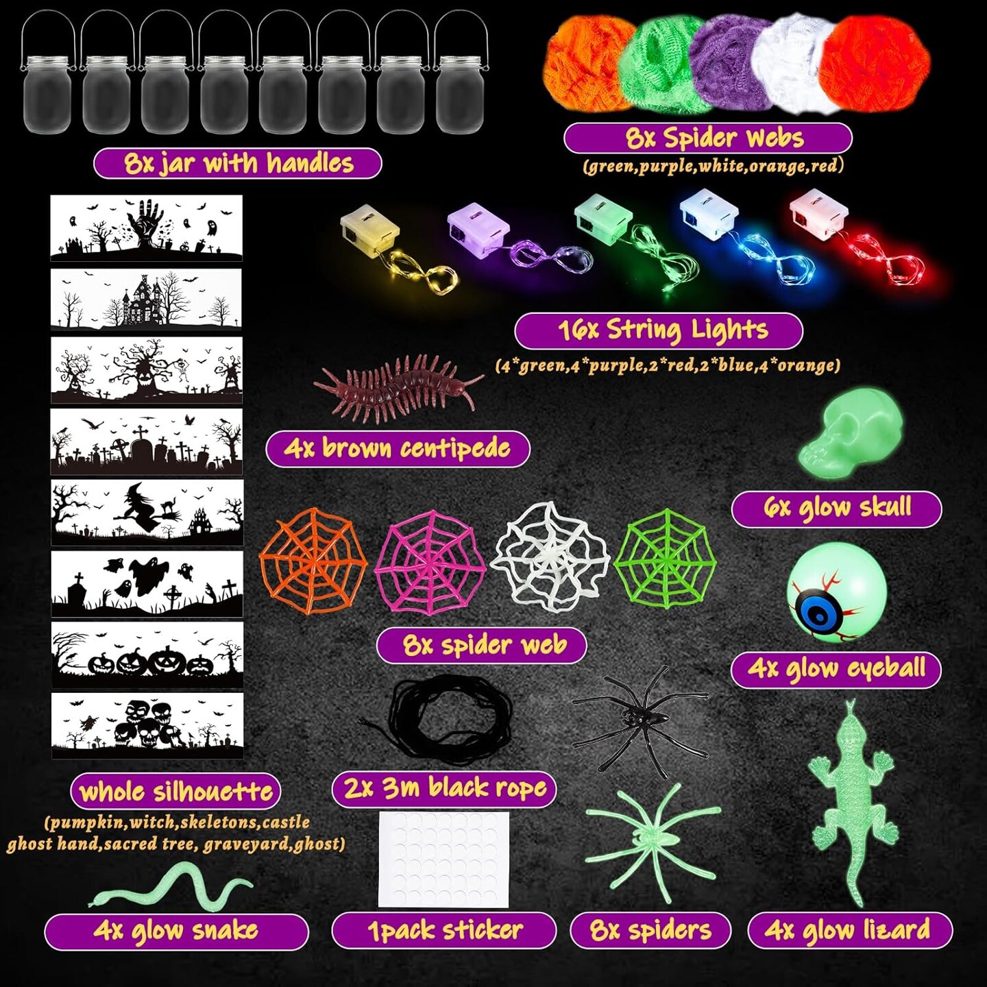 8 PCS Halloween Mason Jar with Accessories for DIY Craft