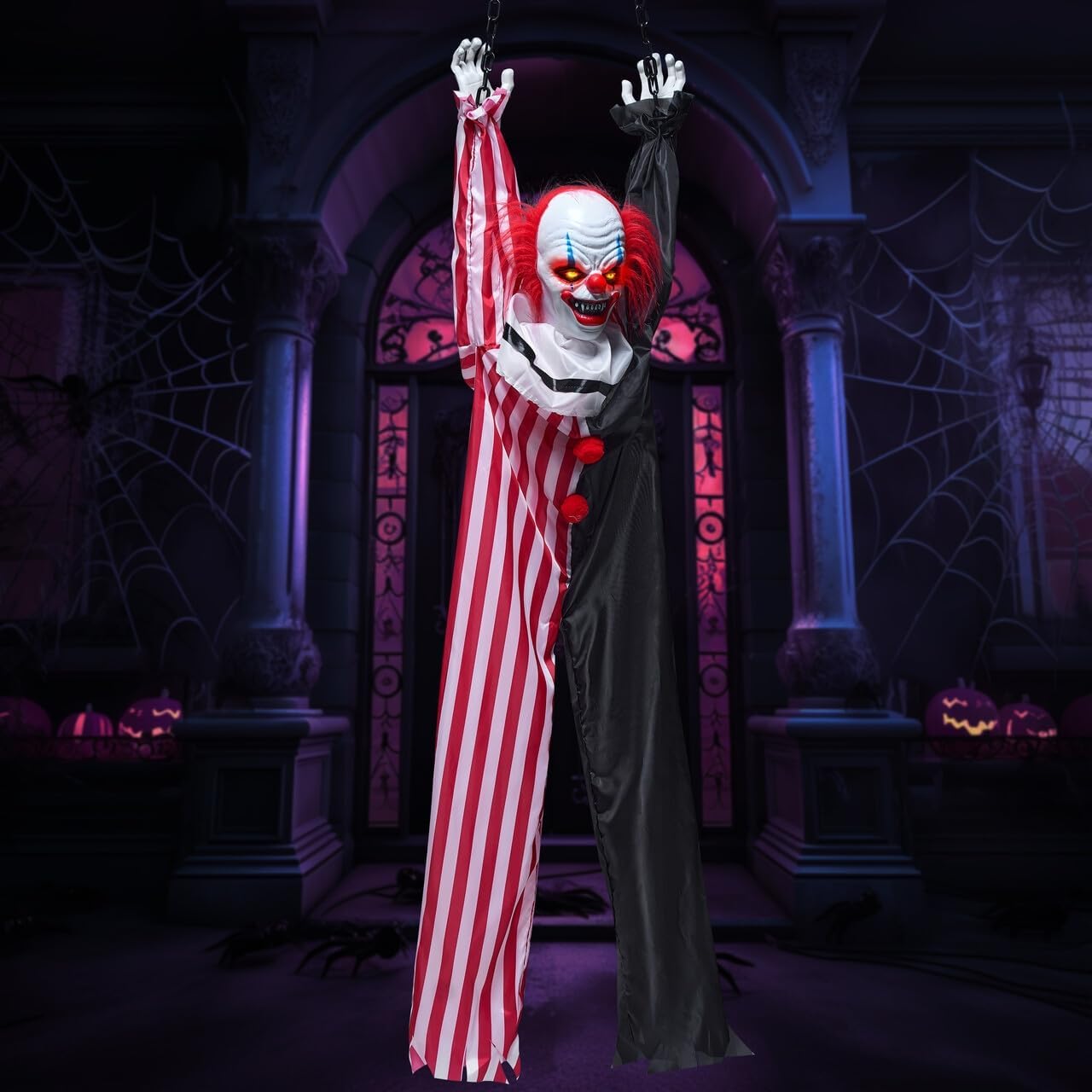 Halloween Hanging Scary Clown Decorations with Chain, 65" Sound Activated LED Lights Halloween Animatronics Yard Decorations Halloween Decorations Outdoor Indoor Haunted House Halloween Decor