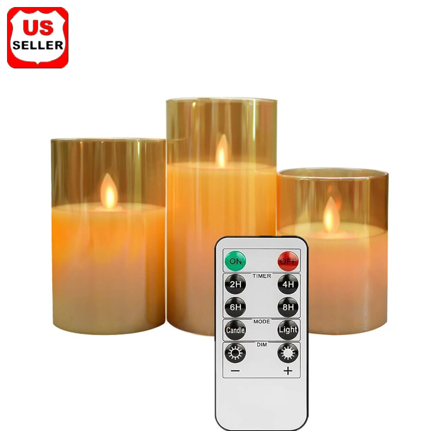 3Pack Gold Glass Flameless LED Candles with Remote Battery Operated Flickering
