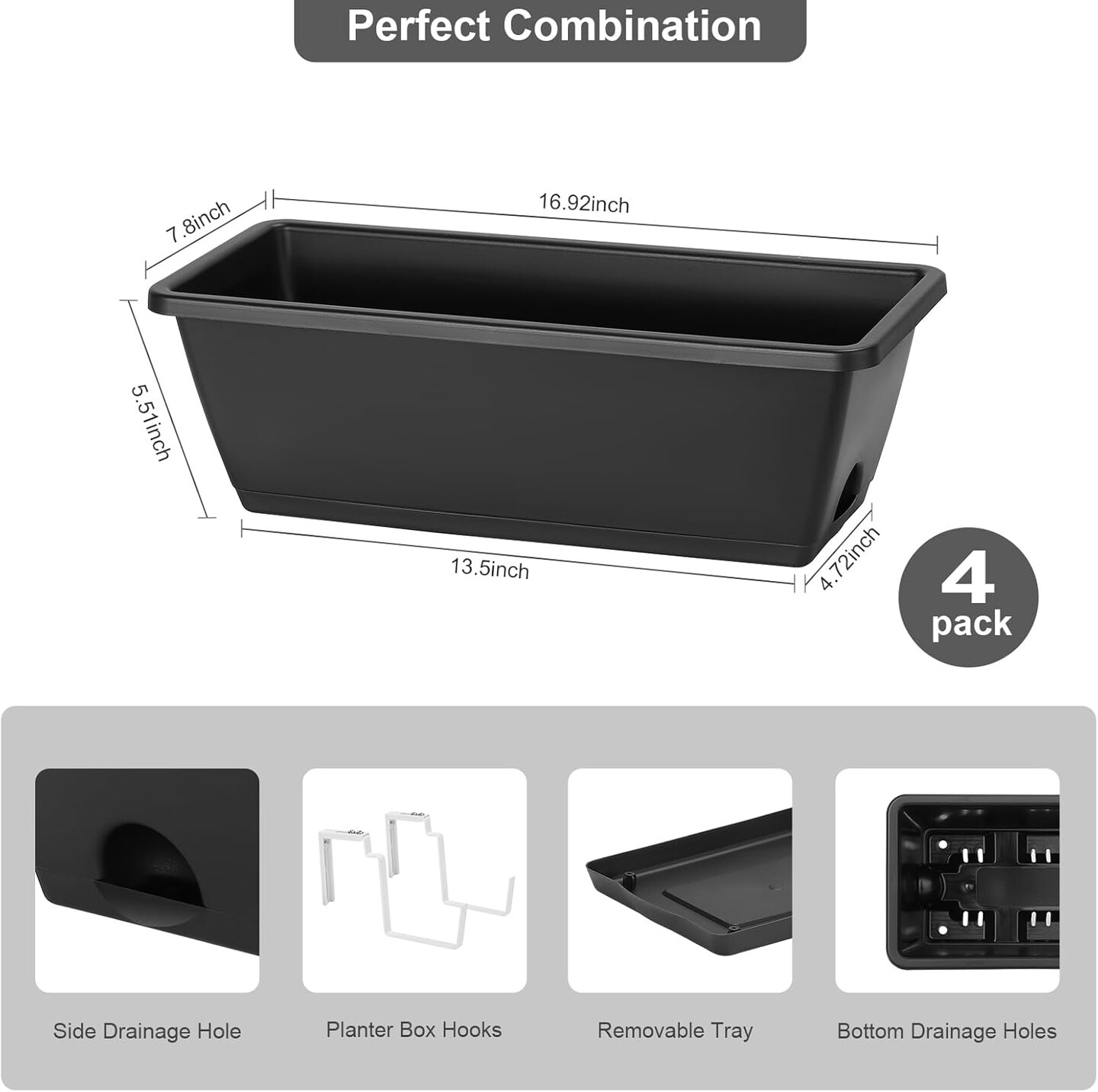 4PCS Railing Planter Box Window Boxes Planters with Flower Box Brackets, 17’’ Rectangle Balcony Deck Railing Hanging Planters for Outdoor Fence Garden Patio Plants