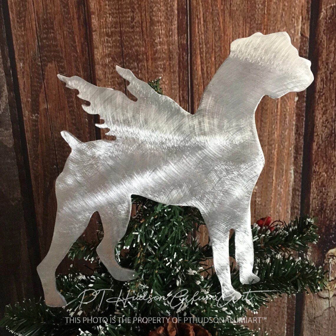 product name is Boxer, Angel, Dog, Christmas Tree Topper, Holiday Decoration, Wall Art, Wreath Decor, Plant Stake, Pet Memorial, Metal