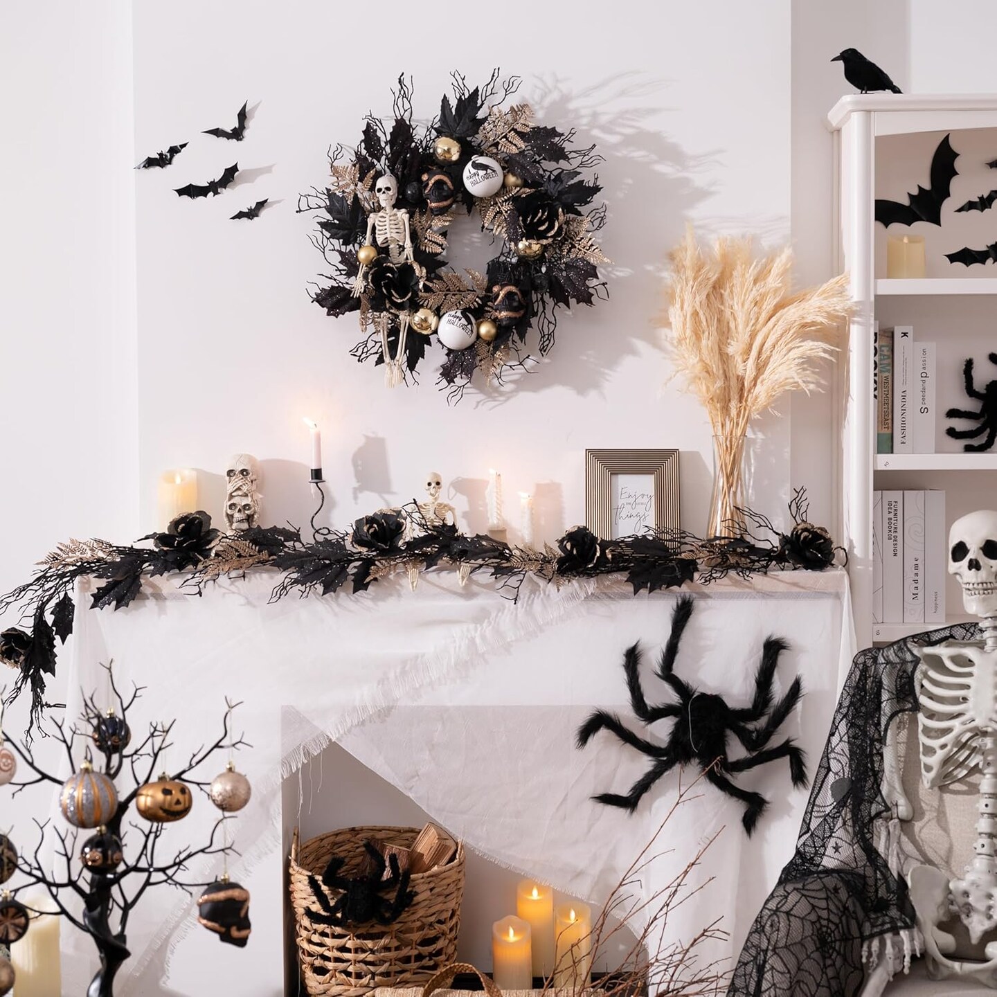 Halloween Wreath, 24 Inch Halloween Door Wreath with Lights, Black Gold Halloween Decorations with Scary Skull Skeleton Ornaments for Porch Window Outdoor Indoor Home Party Decor