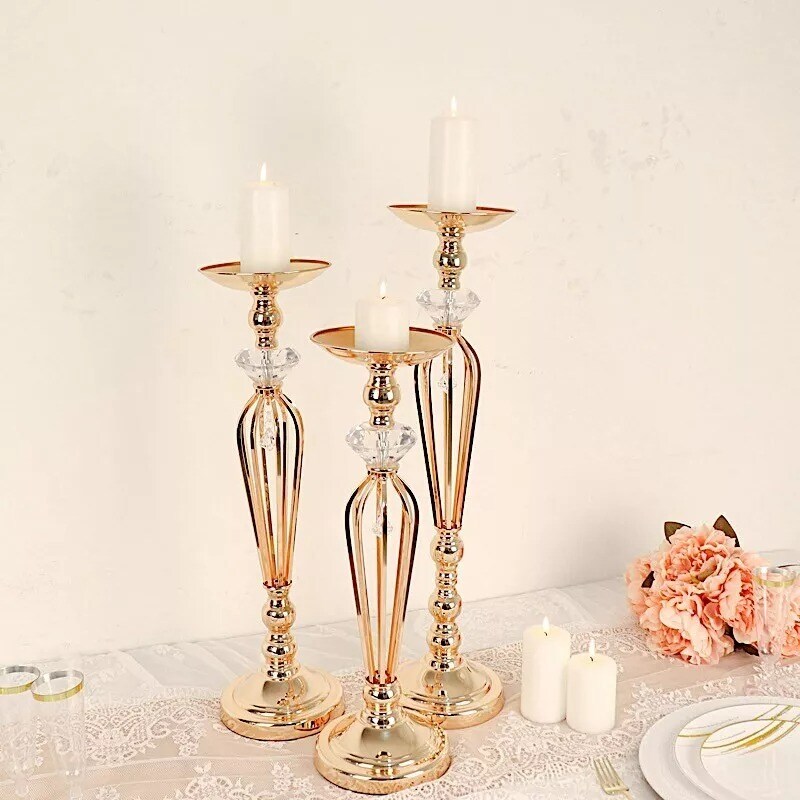 3 Gold Metal Crystals Pillar Candle Holders Pedestal Stand Set Party Events