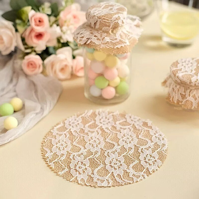 6 Round 6" Natural White Rustic Burlap Lace Jar Covers Jute String Party Events