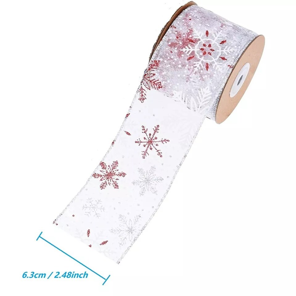 Wired Christmas Wrapping Ribbon Glitter Snowflake Pattern Decorative 2.5InX 10yd
