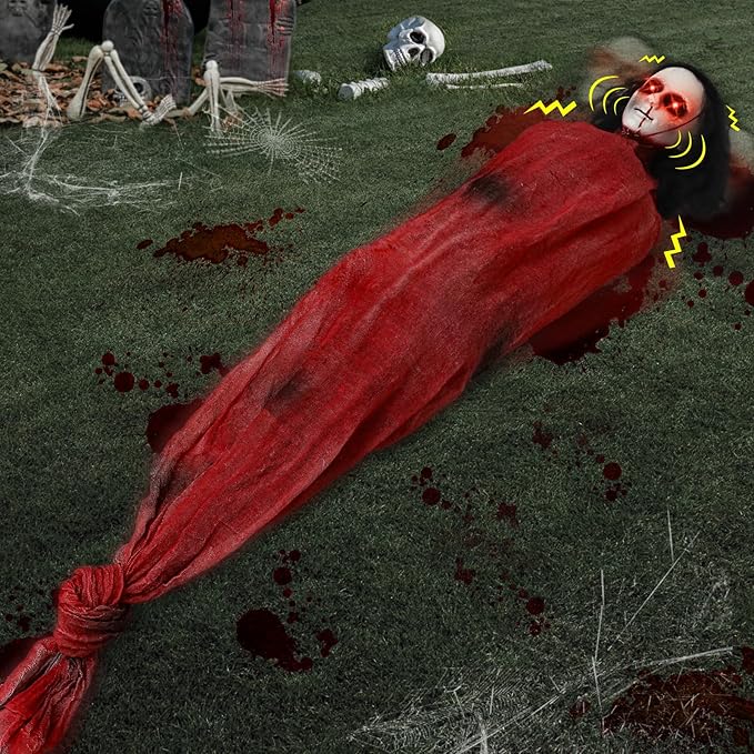 Decorations Animatronic Dead Victim with Creepy Girl Laughter Light Up Red Eyes Shake Head Sound Activated Halloween Prop for Haunted House Yard Decor