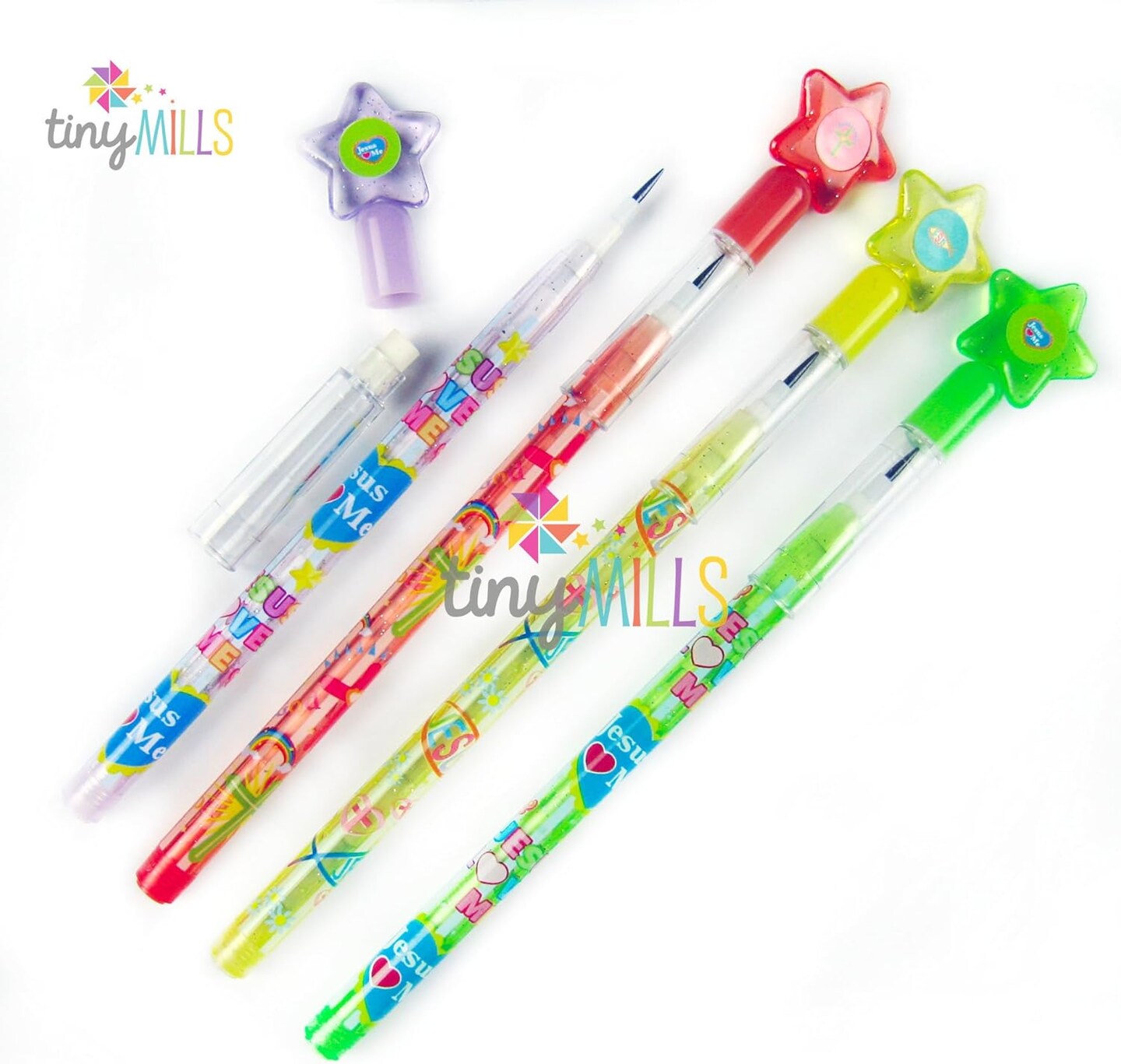 Tiny Mills 24 Pcs Christian Religious Multi Point Pencils Jesus Loves You Multi Point Stackable Pencil with Eraser for Sunday School Party Favor Prize Carnival Rewards Religious Prizes