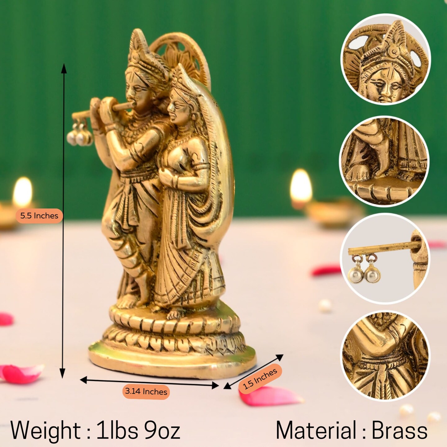 Brass Radha Krishna Statue Hindu God Religious Lord Krishna with Radha Rani Murti Idol - Sculpture for Home Temple Mandir Pooja Decor - Decorative Showpiece Housewarming Gift (5.5 Inches)