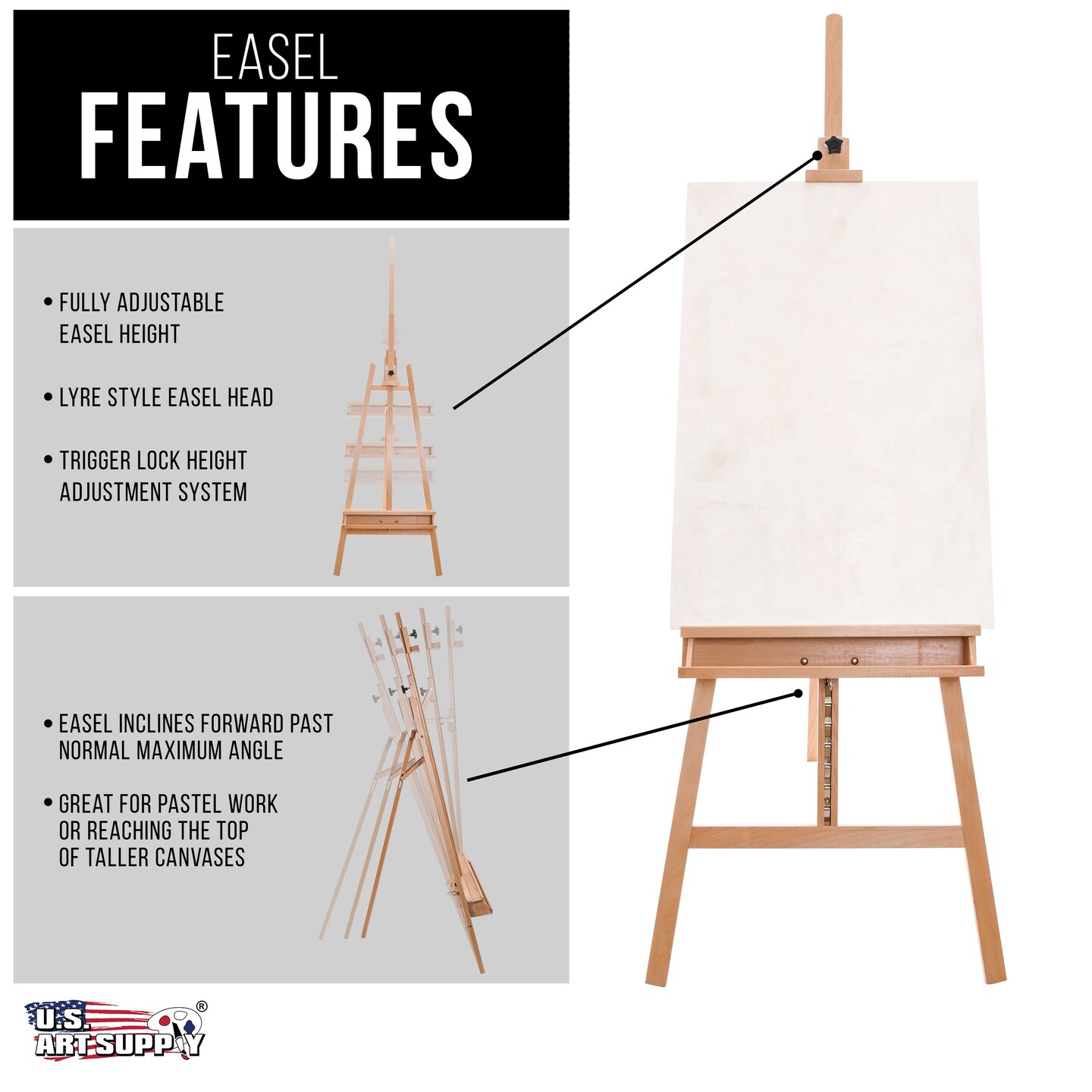 Sunset 64&#x22; to 89&#x22; High Lyre Style Studio A-Frame Easel with Artist Storage Tray - Sturdy Beechwood, Inclinable Mast, Adjustable Height To 48&#x22; Canvas