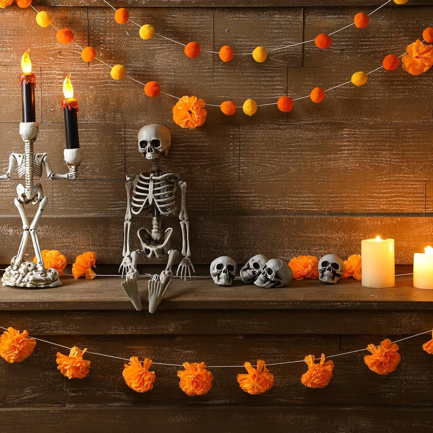 5 Pcs Day of The Dead Felt Ball Garland Marigold Flower Pompom Ball Banner Halloween Felt Ball Garland Dia De Los Muertos Garlands