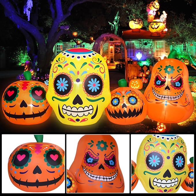 Sugar Skull Inflatable Day of The Dead Inflatable Dia De Los Muertos Decorations Outdoor with LED Lights Halloween Blow Up Yard Decorations